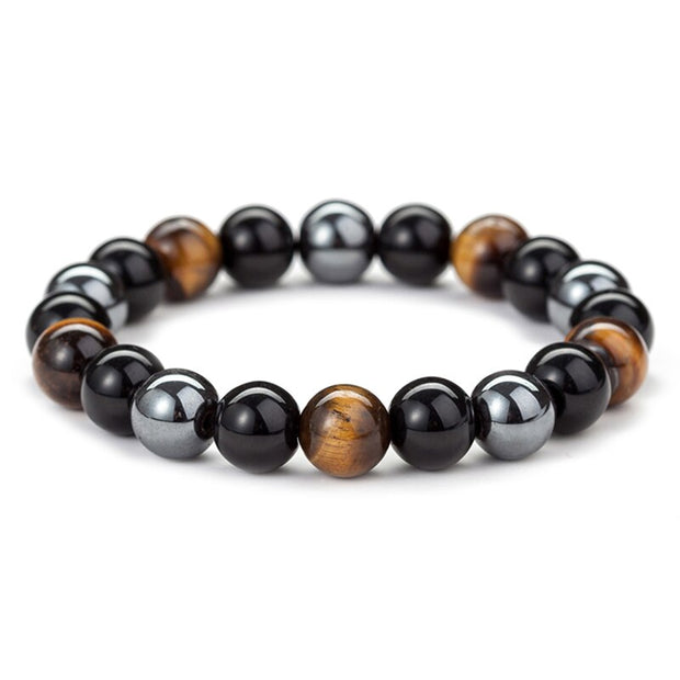 Bracelet "Triple Protection" en Oeil de Tigre, Hématite et Obsidienne Noire